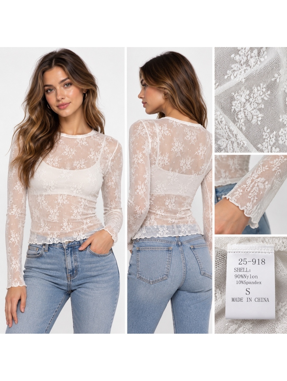 White Sheer Lace Long Sleeve Top